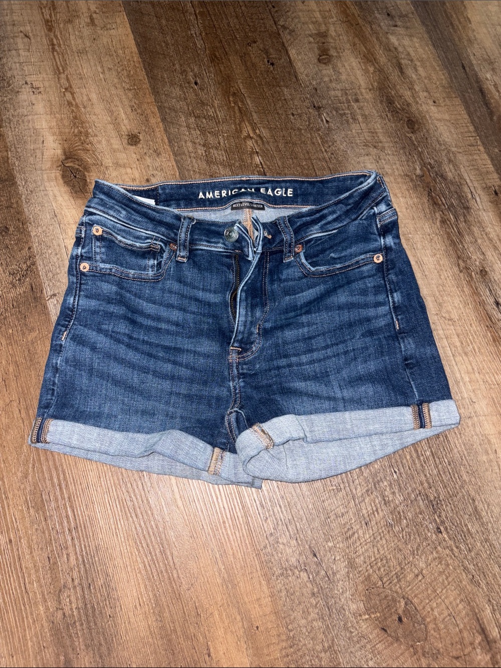 American Eagle Outfitters Dark Wash Rolled-Hem Denim Shorts